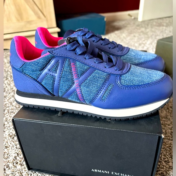 NEW Armani Exchange Blue Denim and Pink Sneakers - Size 5.5 - Picture 1 of 4